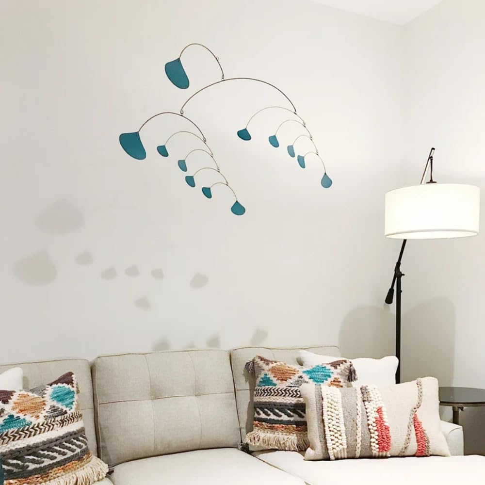 Mid Century Modern Teal Ginkgo Hanging Mobile 40 W x 24 H