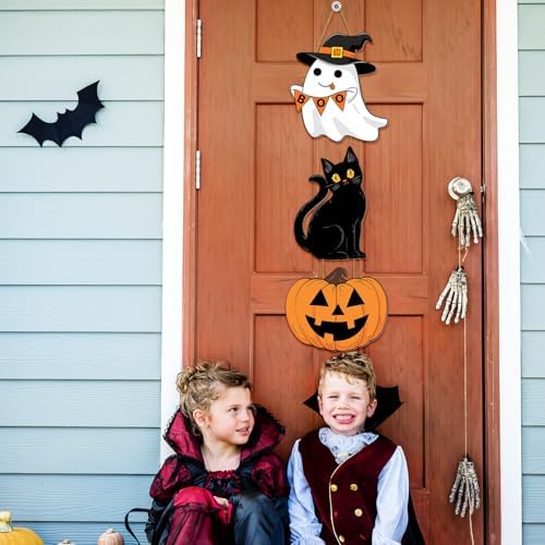 Halloween Decor Wooden Sign with Ghost and Cat