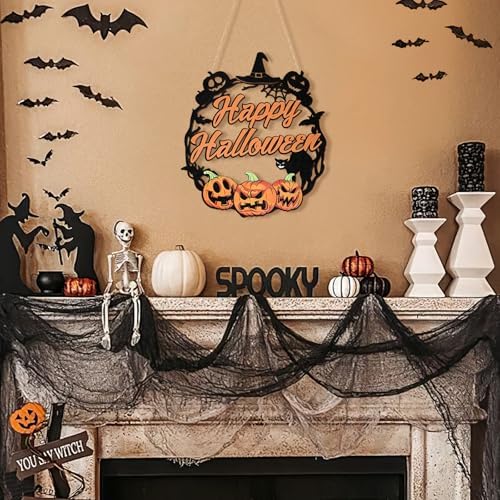 Sophena Halloween Door Wreath with Pumpkin and Black Cat Sign