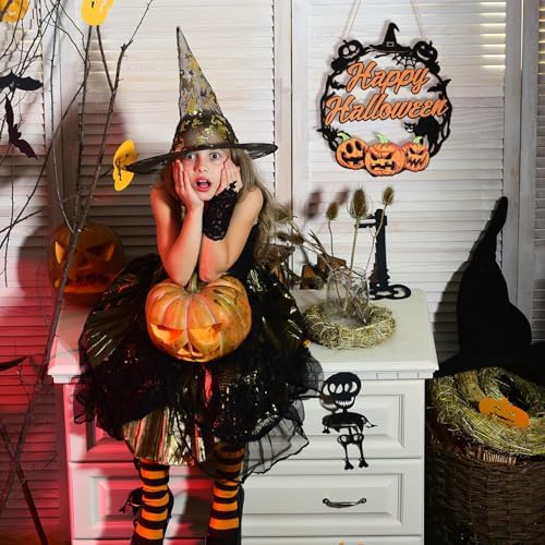 Sophena Halloween Door Wreath with Pumpkin and Black Cat Sign