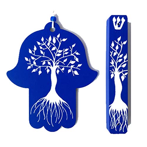 Tree of Life Hamsa Mezuzah Gift Set Dark Blue