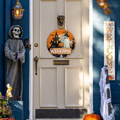 Zyoge Halloween Welcome Sign with Ghost and Pumpkin Design