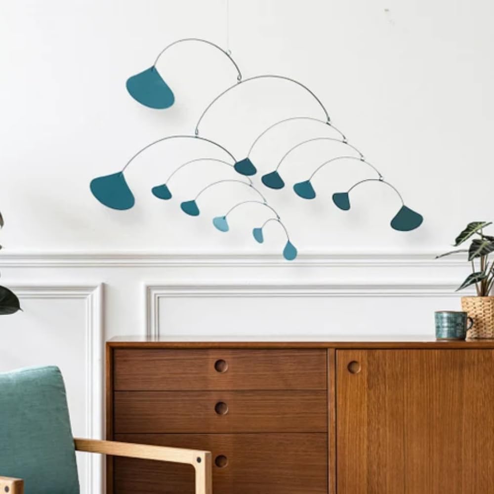 Mid Century Modern Teal Ginkgo Hanging Mobile 40 W x 24 H