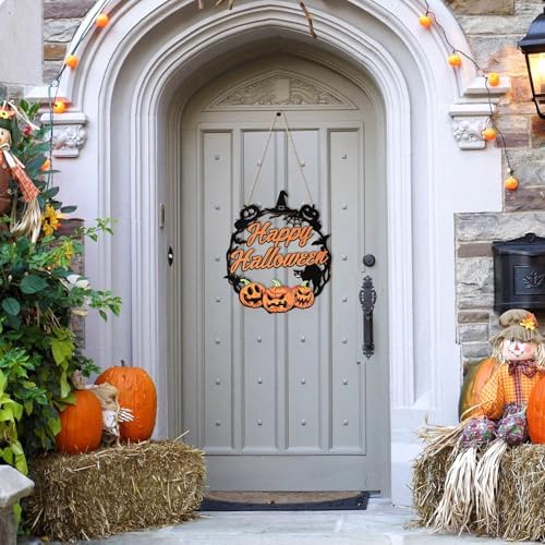 Sophena Halloween Door Wreath with Pumpkin and Black Cat Sign