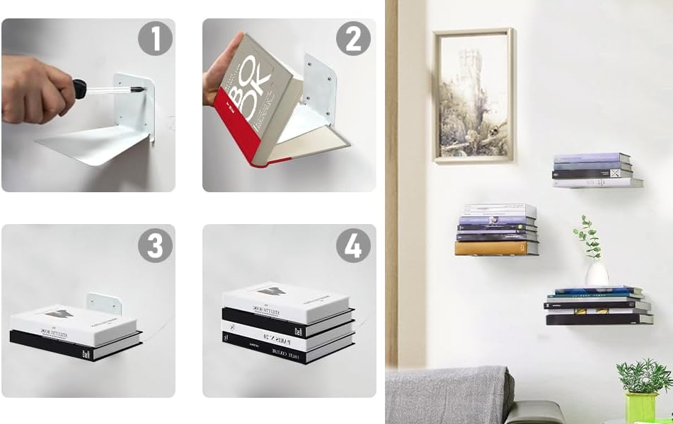 Invisible Floating Bookshelf Modern White Wall Mount Metal Shelves 4PCS