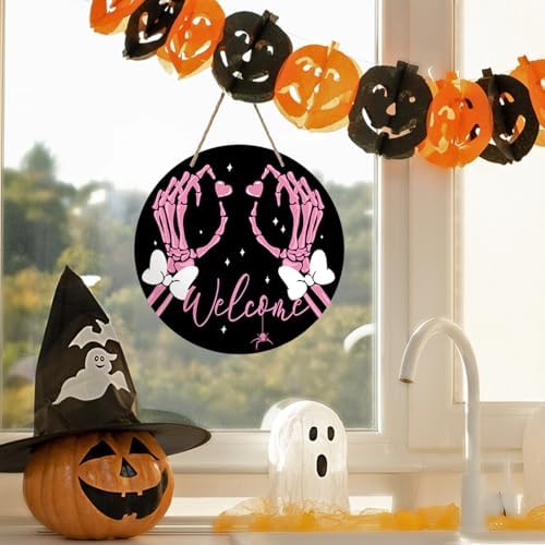 Welcome Halloween Gothic Pink Skeleton Hands Front Door Sign