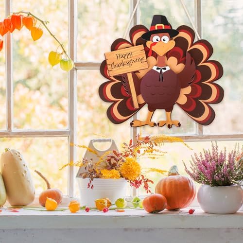 COCHIE Thanksgiving Turkey Wooden Wreath Sign for Front Door