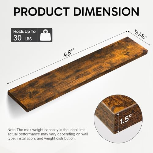 BAYKA Floating Shelves 48 Inch Rustic Wood Wall Mounted Set of 2