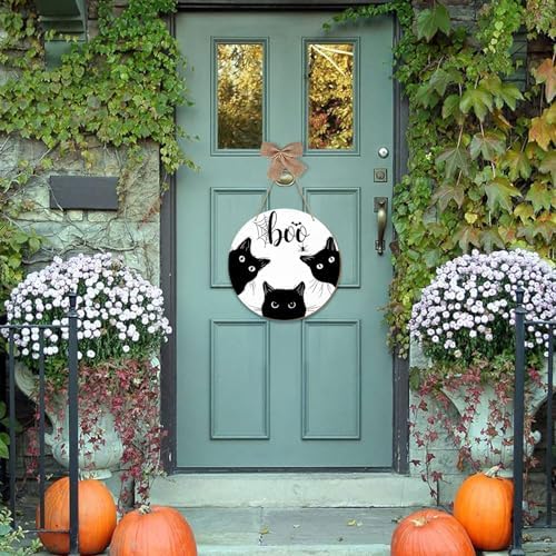 Halloween Black Cat Door Sign with BOO Text