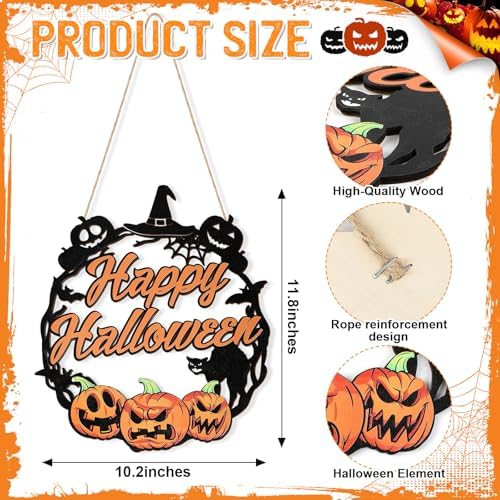 Sophena Halloween Door Wreath with Pumpkin and Black Cat Sign