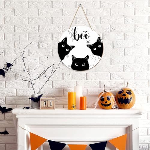 Halloween Black Cat Door Sign with BOO Text