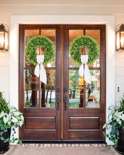 22 Inch Artificial Boxwood Wreath with Sash for Front Door