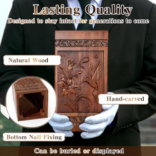 Handcrafted Wooden Cremation Urn with Hummingbird Design