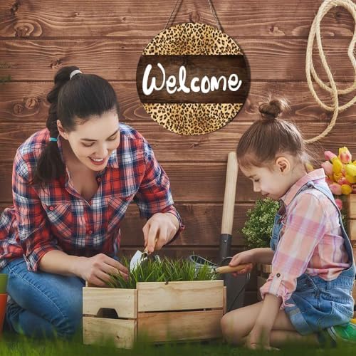 Welcome Leopard Wreath Door Sign 12x12 Inch