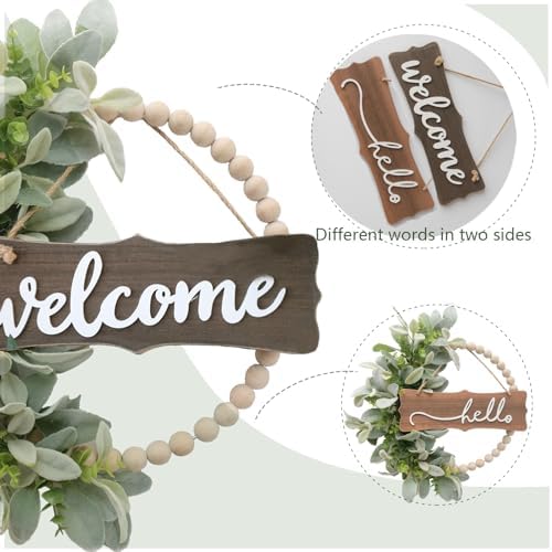Farmhouse Green Wreath with Wood Beads and Artificial Leaves