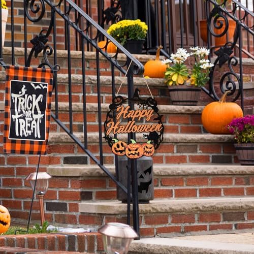 Sophena Halloween Door Wreath with Pumpkin and Black Cat Sign