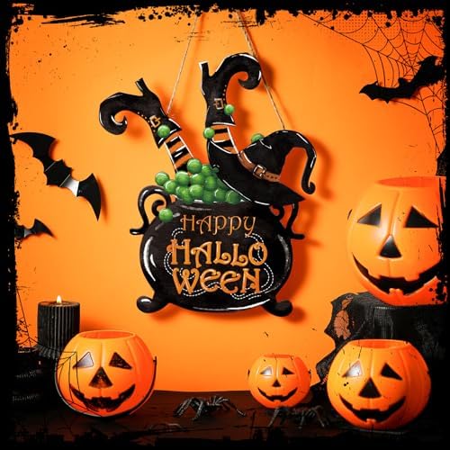 Barydat Halloween Welcome Door Sign Skeleton Pumpkin Wreath Decor