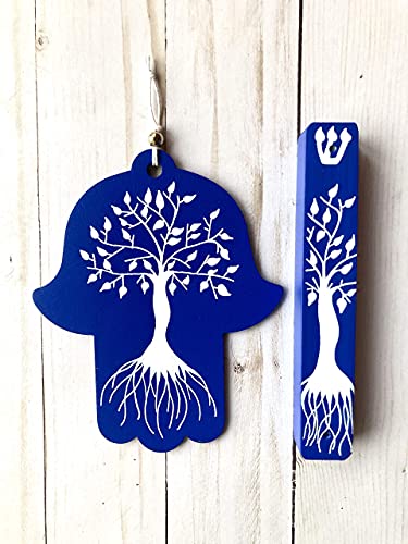 Tree of Life Hamsa Mezuzah Gift Set Dark Blue