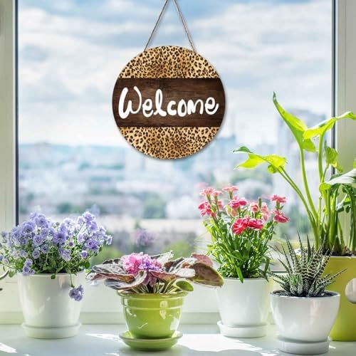 Welcome Leopard Wreath Door Sign 12x12 Inch