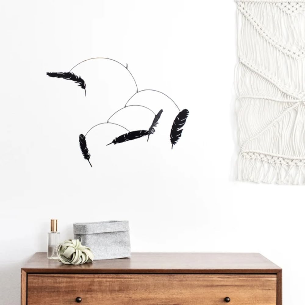 Black Falling Feather Hanging Mobile 16x12