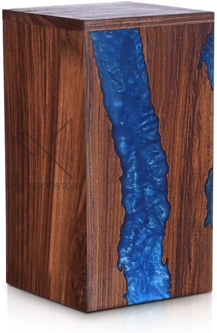 Handcrafted Rosewood Memorial Urn Box - Blue Resin Design