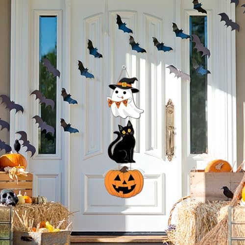 Halloween Decor Wooden Sign with Ghost and Cat