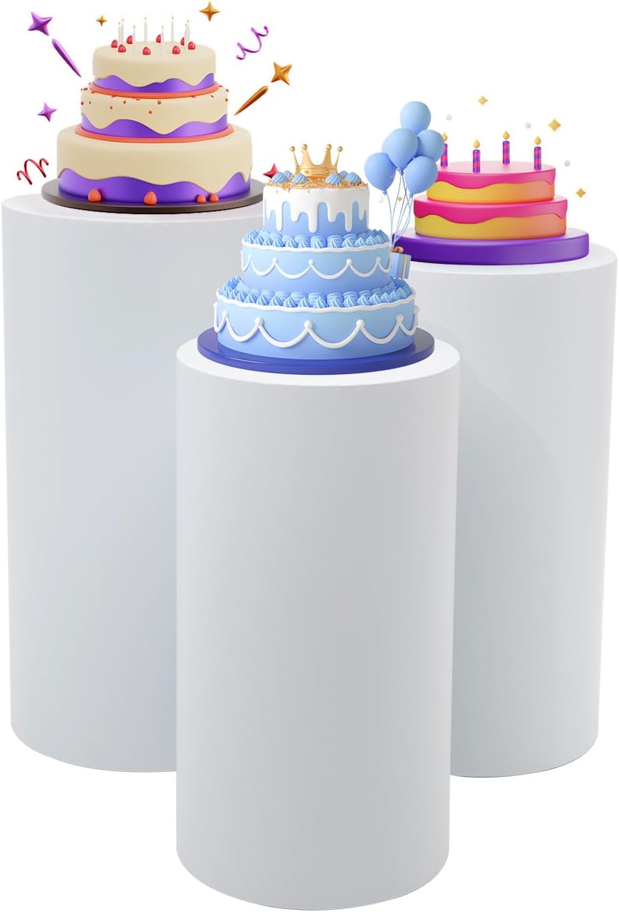 3 Pcs White Round Cylinder Pedestal Stand for Decor