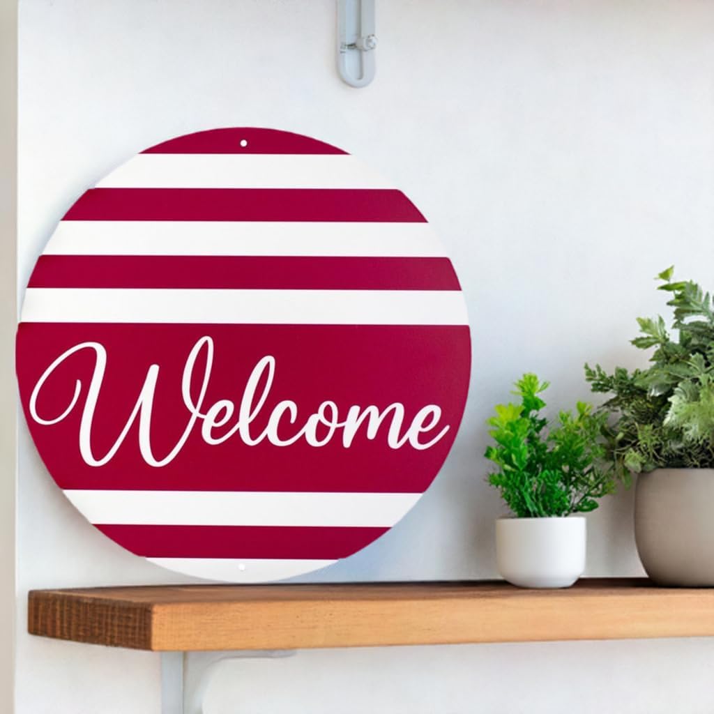 Craig Bachman Welcome Round Metal Sign Red White Stripes