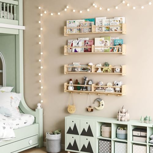 34 Inch Wall Floating Bookshelf Set of 4 with Hooks