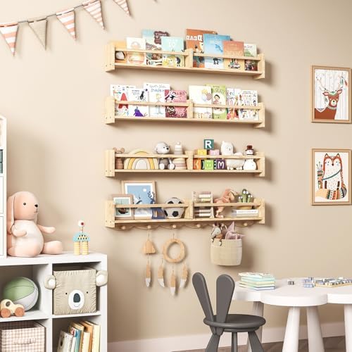 34 Inch Wall Floating Bookshelf Set of 4 with Hooks