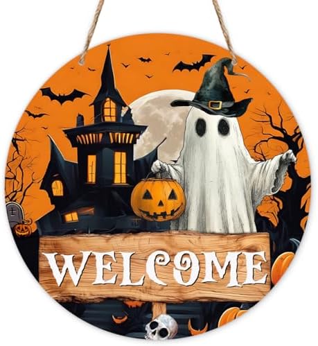 Zyoge Halloween Welcome Sign with Ghost and Pumpkin Design