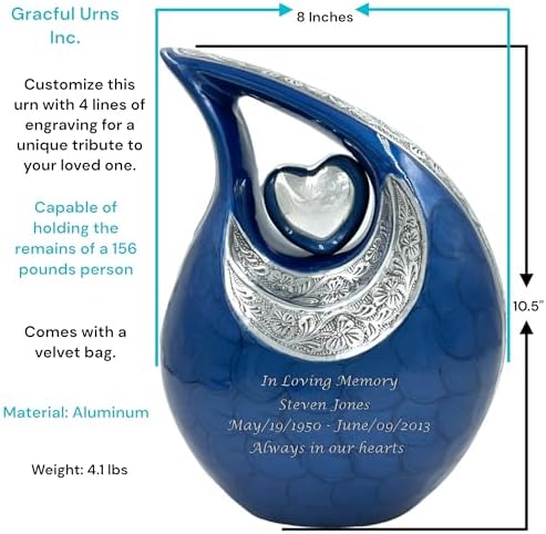 Elegant Blue Teardrop Cremation Urn for Human Ashes