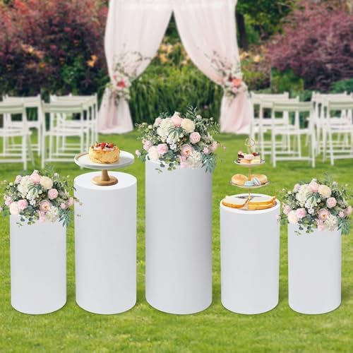 Ringmaster 5Pcs White Metal Cylinder Pedestal Stands for Party