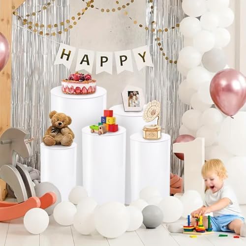 Vincidern 5PCS White Cylinder Pedestal Stand for Events