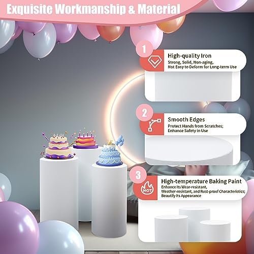 3 Pcs White Round Cylinder Pedestal Stand for Decor