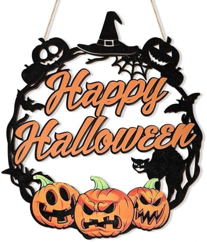 Sophena Halloween Door Wreath with Pumpkin and Black Cat Sign
