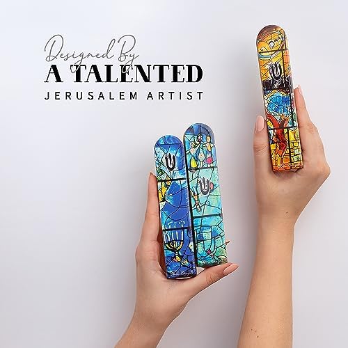 SURI Wooden Mezuzah with Turquoise Design 5 Easy Install Judaica