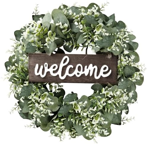 Sggvecsy 16in Artificial Eucalyptus Wreath with Welcome Sign