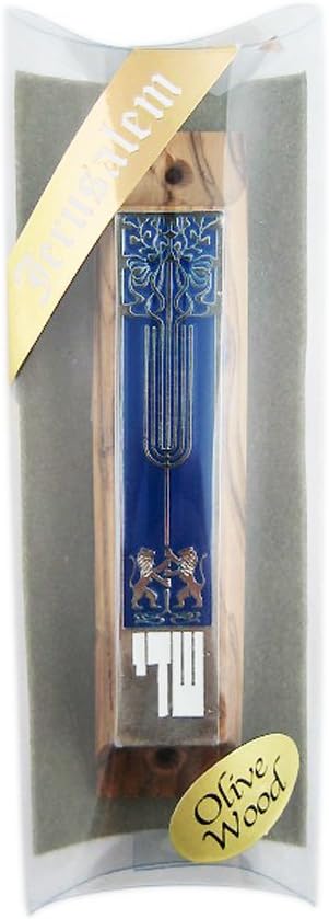 Lions of Judah Olive Wood Mezuzah - Blue and White Enamel