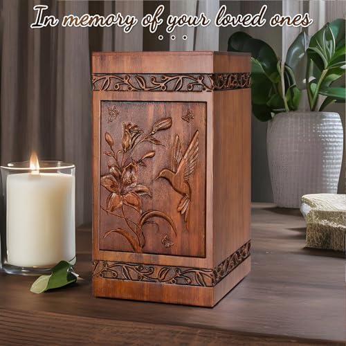 Handcrafted Wooden Cremation Urn with Hummingbird Design