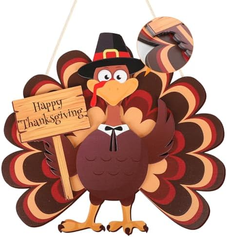 COCHIE Thanksgiving Turkey Wooden Wreath Sign for Front Door