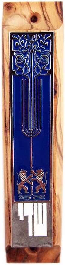 Lions of Judah Olive Wood Mezuzah - Blue and White Enamel