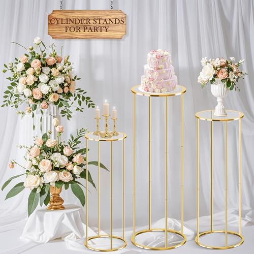 3PCS Gold Metal Cylinder Pedestal Stands For Party Decor