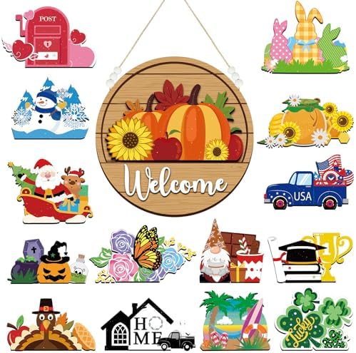 Sintuff Seasonal Welcome Sign with Interchangeable Decorations