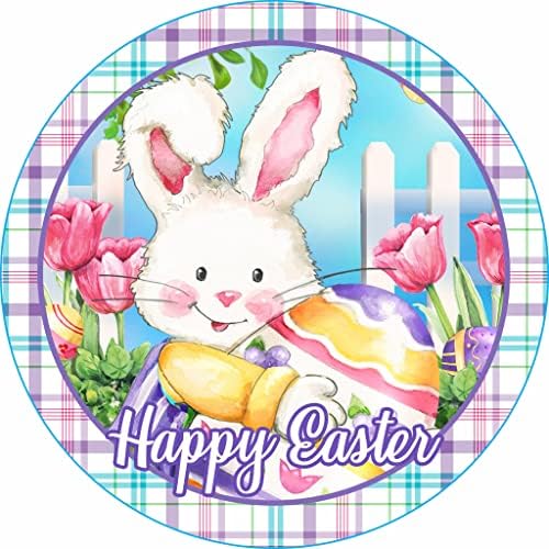 Happy Easter Bunny Round Metal Sign Door Hanger Decor