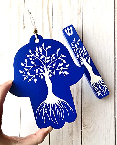 Tree of Life Hamsa Mezuzah Gift Set Dark Blue