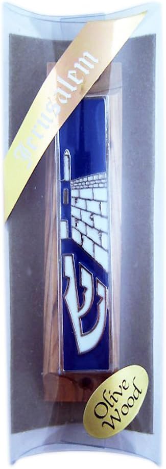 Olive Wood Mezuzah with Enamelled Jerusalem Design in Blue Made in Israel