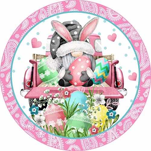 Spring Easter Bunny Gnome Truck Metal Sign 12x12