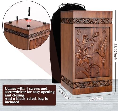 Handcrafted Wooden Cremation Urn with Hummingbird Design