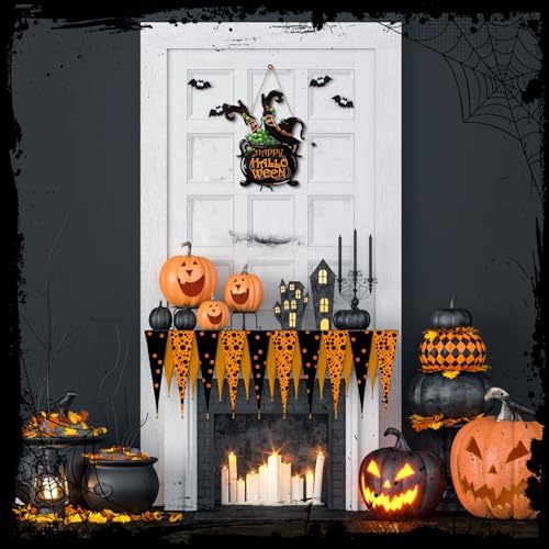 Barydat Halloween Welcome Door Sign Skeleton Pumpkin Wreath Decor